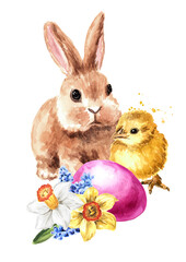 Colored Easter egg, cute rabbit and little chicken. Hand drawn watercolor illustration, isolated on white background