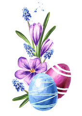 Colored Easter eggs and Bouquet of spring flowers