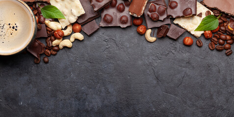 Various chocolate pieces, coffee and nuts