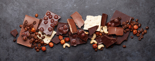 Various chocolate pieces, coffee beans and nuts