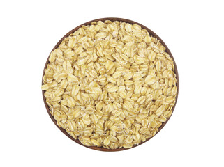 Oat flakes in wooden bowl isolated on white background, top view