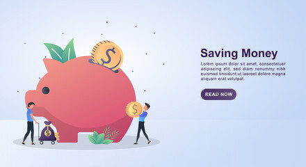 Illustration concept of saving money with people who bring coins to put in the piggy bank.