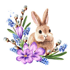 Wreath with spring flowers and little rabbit, Hand drawn watercolor illustration, isolated on white background