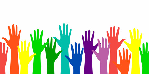 Multicolored palms raised up in the color of the rainbow. The sign of equality, against racism.