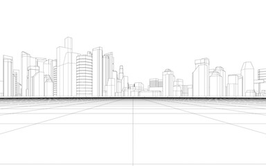 Empty grid floor for the development project. 3d rendering of abstract wireframe cityscape with white background.