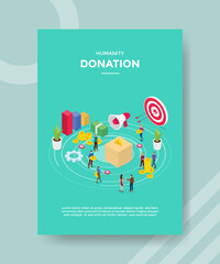 humanity donation people put money in box for template of banner and flyer for printing magazine cover and poster with flat cartoon style