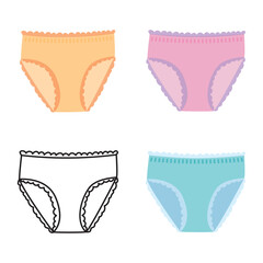 Stock Vector graphics. Set of multi-colored womens panties with ruffles and lace, cute hand drawn lingerie illustration isolated on white background.