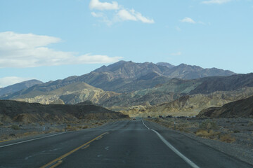View of mountains ahead as seen from the road in Death Valley National Park