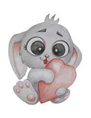 Cute cartoon gray rabbit with a heart in its paws. Watercolor, hand drawing. Isolated over white background. For valentines, baby decoration, postcards, print and design