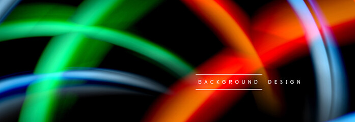 Dynamic motion abstract background. Color blurred stripes on black. Wave liquid lines poster. Vector illustration