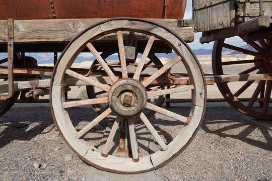 Close-up view of the wagon and wheels at Harmony Borax Works at Death Valley National Park  