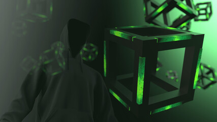 Multi Exposure of Anonimous hacker with black hoodie and Green illuminated Hot Iron Cube. Blockchain network technology concept illustration. 3D illustration. 3D high quality rendering.