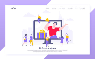 Obraz na płótnie Canvas Refer a friend flat style design vector illustration business concept. Man with megaphone stands in the pc monitor and shout out to the people web template.