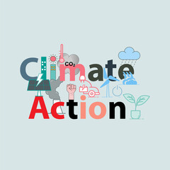Climate action typographic design. Effort to reducing CO2 emissions and supporting use of renewable energy to achieve climate action. Vector illustration outline flat design style.