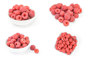 Collage of raspberry with leaf isolated on a white cutout