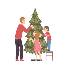 Father and his Kids Decorating Christmas Tree, Happy Family Preparing for Holiday Celebration, Merry Xmas and New Year Cartoon Style Vector Illustration