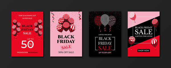 Black Friday sale banner. Advertising sale posters design templates set. Bunch of balloons and confetti in minimal flat style