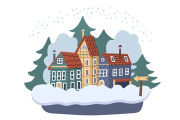 Fototapeta na wymiar Vector winter town. Cozy houses surrounded by forest and snowdrift. Snowy day country landscape. Illustration isolated on white. Great for Christmas cards, posters. Flat design.