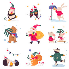 Xmas Animals Cartoon Characters, Merry Christmas and Happy New Year Winter Holidays Vector Illustration