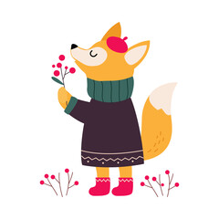 Lovely Fox in Winter Clothes, Cute Xmas Animal Cartoon Character, Merry Christmas and Happy New Year Style Vector Illustration