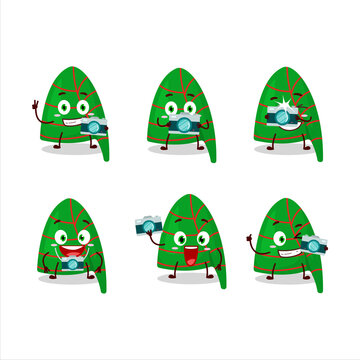 Photographer profession emoticon with green stripes elf hat cartoon character