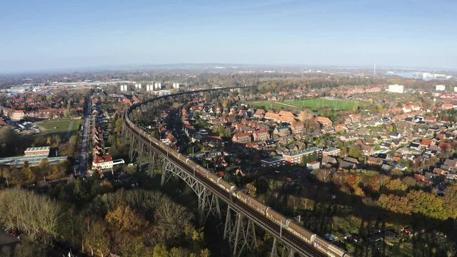 Drone flight over the Hochbr&uuml;cke Rendsburg at the River Wehrau with a overview, Schleswig holstein Germany