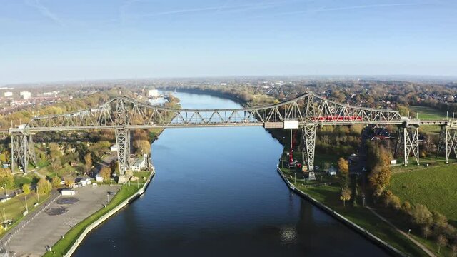 Drone flight over the Hochbr&uuml;cke Rendsburg at the River Wehrau with a overview, Schleswig holstein Germany