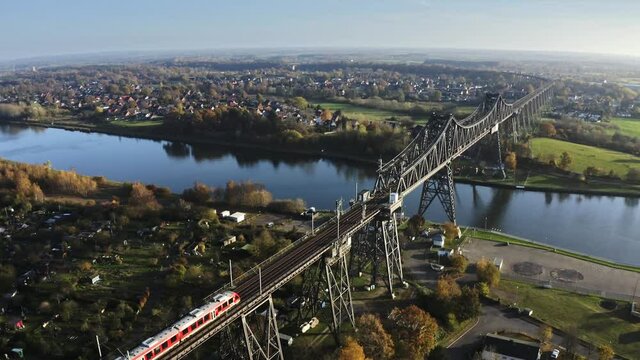 Drone flight over the Hochbr&uuml;cke Rendsburg at the River Wehrau with a overview, Schleswig holstein Germany