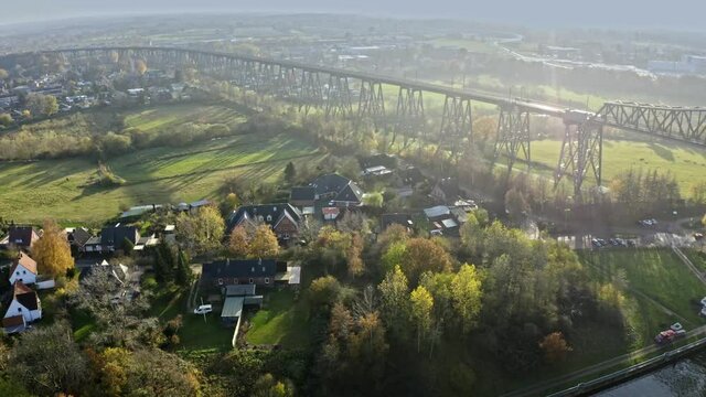 Drone flight over the small town Rendsburg at the River Wehrau with a overview Hochbr&uuml;cke, Schleswig holstein Germany