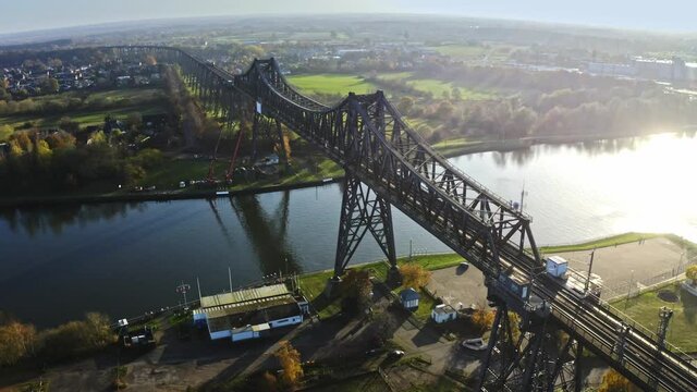 Drone flight over the Hochbr&uuml;cke Rendsburg at the River Wehrau with a overview, Schleswig holstein Germany