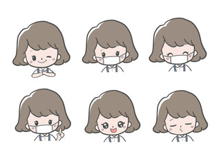 マスクあり女の子の表情セット手描き風イラスト