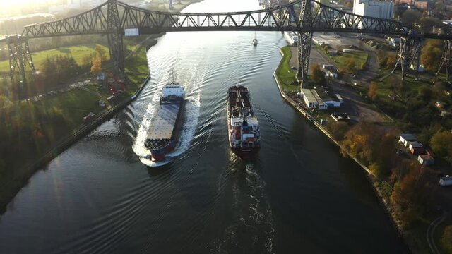 Drone flight over 2 ships at the Hochbr&uuml;cke Rendsburg at the River Wehrau with a overview, Schleswig holstein Germany
