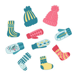 Color doodle set with cozy winter knitted clothes. Colorful cute hats, mittens, socks decorated with patterns. Hand drawn vector illustration isolated on white. Great for  winter cards, posters.