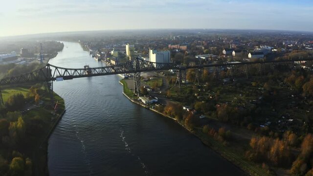 Drone flight over the Hochbr&uuml;cke Rendsburg at the River Wehrau with a overview, Schleswig holstein Germany
