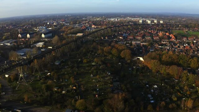 Drone flight over the Hochbr&uuml;cke Rendsburg at the River Wehrau with a overview, Schleswig holstein Germany