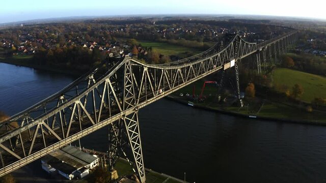 Drone flight over the Hochbr&uuml;cke Rendsburg at the River Wehrau with a overview, Schleswig holstein Germany