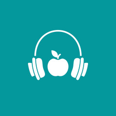 white headphones with apple icon. Flat vector earphones isolated on blue.