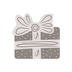 Hand drawn gift box with bow and ribbon isolated on a white background. Illustration in a simple flat style. It can be used for decoration of textile, paper and other surfaces.