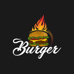Burger logo design idea. Logo concept for fast food restaurant with grilled tasty burger and hot flames. Diner or snack bar barbecue symbol template.