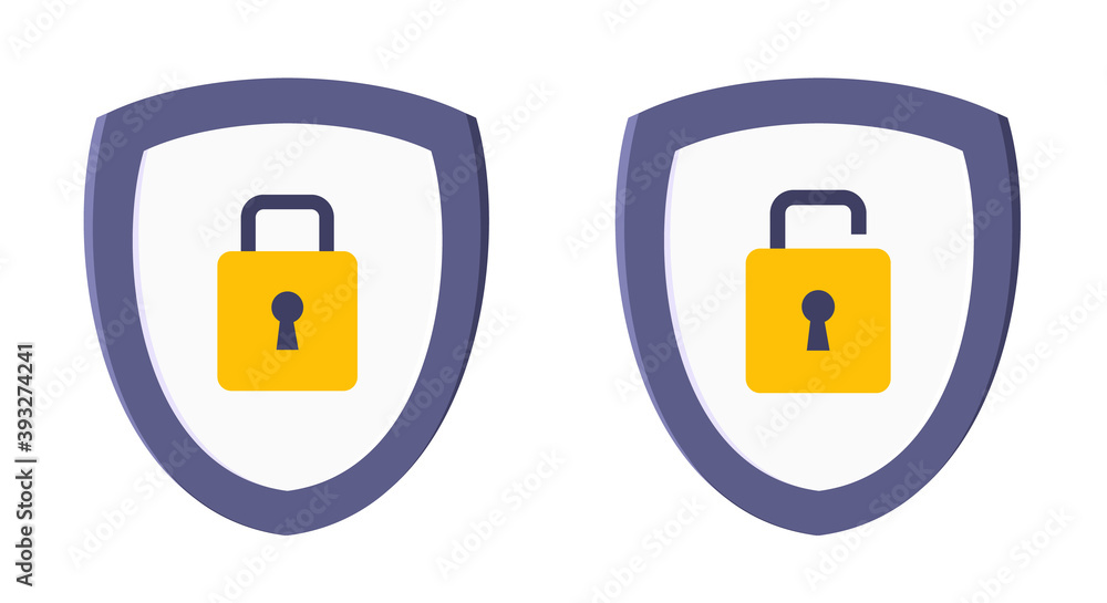 Wall mural shield with closed and opened padlock on it security protection symbol set. safety and warning lock,