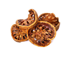 Aegle marmelos. Dry bael fruit on white background