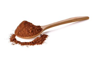 cocoa powder in a wooden spoon isolated on white background