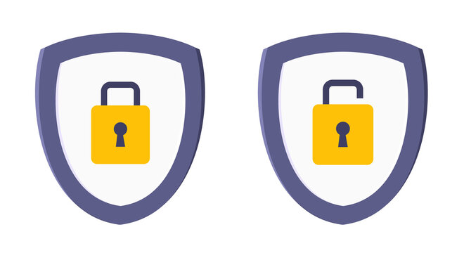 Shield with closed and opened padlock on it security protection symbol set. Safety and warning lock, privacy policy and data protection metaphor.