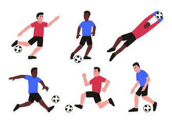 Fototapeta na wymiar Cartoon male soccer players set. Isolated vector illustration. Active people playing football in different poses.