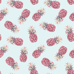 Beautiful seamless pattern with watercolor pineapple. Stock illustration.