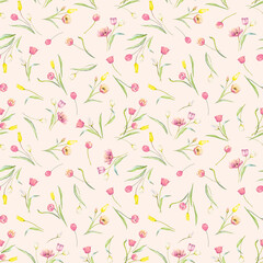 Beautiful seamless pattern with watercolor gentle blooming tulip flowers. Stock illustration.