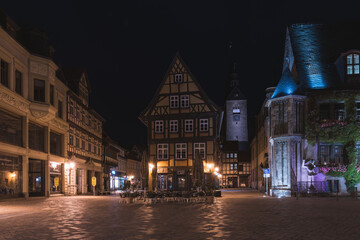 Night view of the Old Town Hall Square in Quedlinburg, Germany