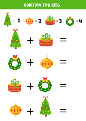 Fototapeta premium Addition game with cartoon Christmas elements. Christmas tree, present, ball, wreath.
