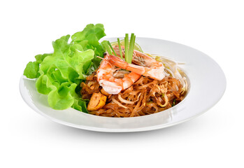 Thai style noodles, stir fried noodles with prawn isolated on white.