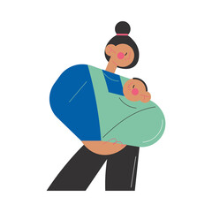 Young smiling brunette woman mother carrying her small baby toddler in green cotton sling